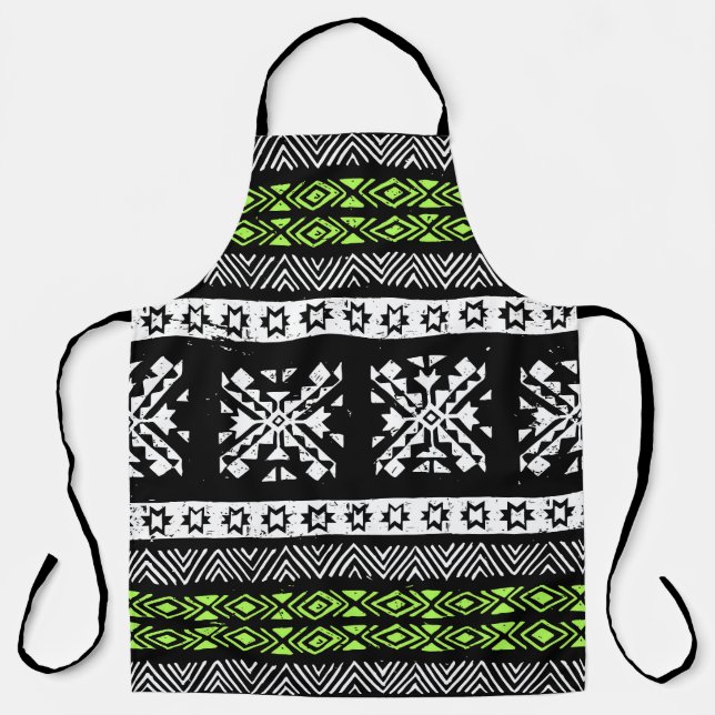 Delantal Navajo tribal, patrón verde blanco negro. (Anverso)