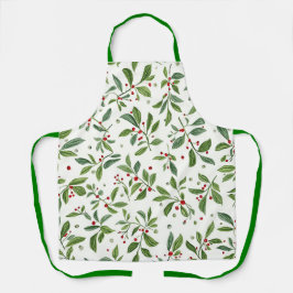 Delantal Navidad Acuarela Muérdago Rojo Fruta Alegre
