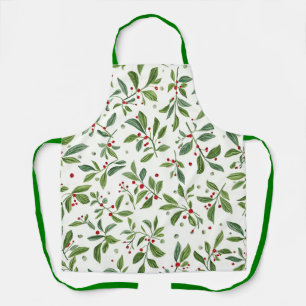 Delantal Navidad Acuarela Muérdago Rojo Fruta Alegre