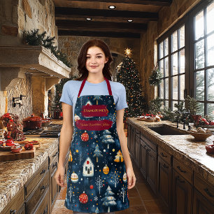 Delantal Navidad Azul con Casas de Invierno y Adornos