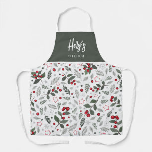 Delantal Navidad Festiva de Acebo y Bayas Personalizada