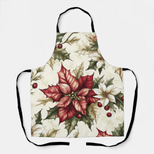 Delantal Navidad Flor de Pascua Carmesí Crema Vintage