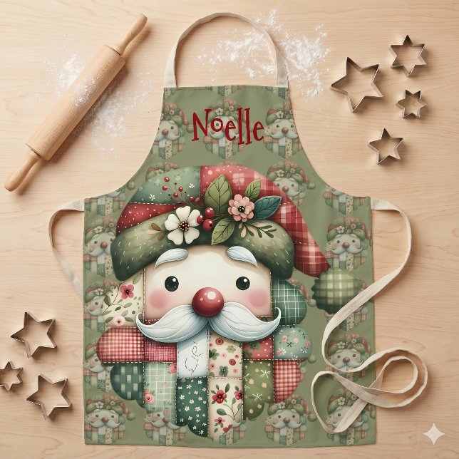 Delantal Navidad Popular de Santa con Parche Mosaico Capric (Whimsical Patchwork Santa Folk Christmas Apron)