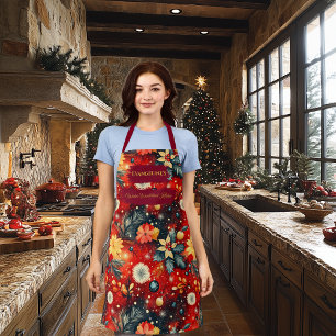 Delantal Navidad Vibrante en Rojo con Flores Festivas y Pin