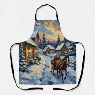 Delantal Navidad Vintage con Caballo y Trineo en la Nieve