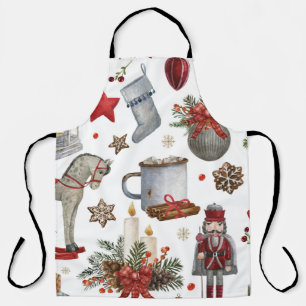 Delantal Navidad vintage: Ilustraciones de juguetes acuarel