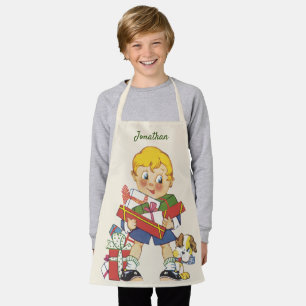 Delantal Navidad Vintage, Niño con Regalos y Perrito