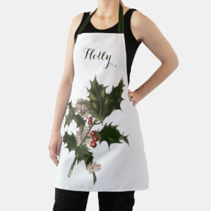 Delantal Navidad Vintage, planta de acebo verde con bayas