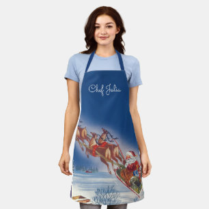 Delantal Navidad Vintage, Santa volando en su trineo con re
