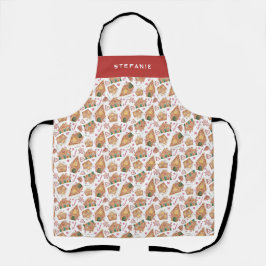 Delantal Navidades blancos del patrón de la casa de jengibr