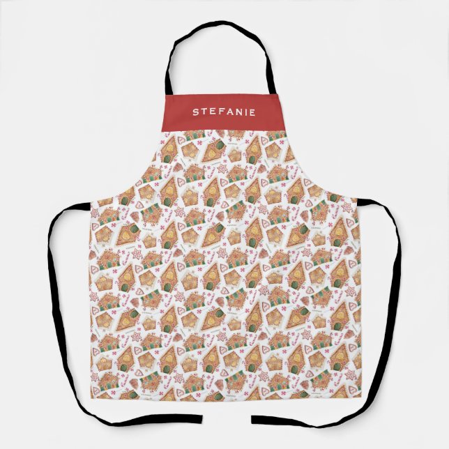 Delantal Navidades blancos del patrón de la casa de jengibr (Anverso)