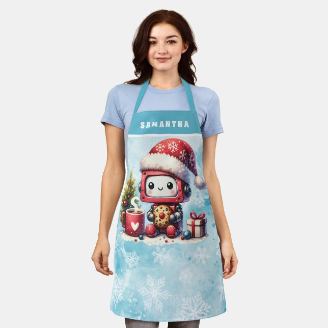 Delantal Navidades Blue Monogramed de Robot Cute (Gastado)