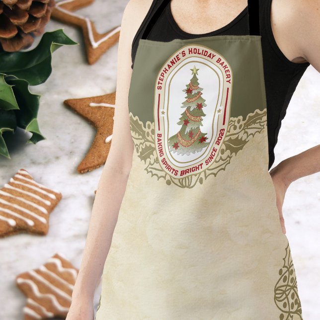 Delantal Navidades brillantes de la panadería de vacaciones (Beautiful faux lace cutwork makes the Christmas apron stand out from the crowd.  )