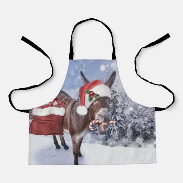 Delantal Navidades burro con gorra rojo gracioso (Anverso)