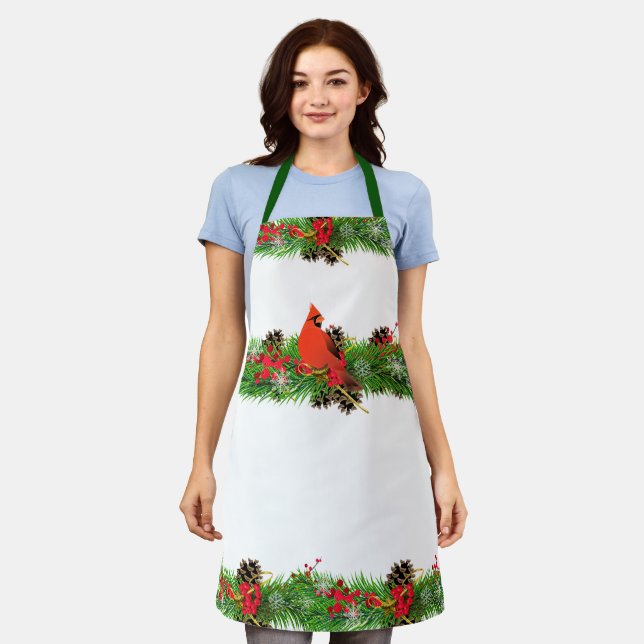 Delantal Navidades Cardenales y Verdor de vacaciones / Blan (Gastado)