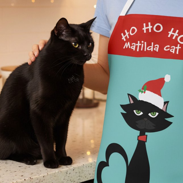 Delantal Navidades Cat Santa Hat Ho Holiday Apron (Ho Ho Ho Holiday apron with a cute Christmas Cat and space for your name)