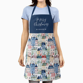 Delantal Navidades color azul acuarela casas coloridas vaca