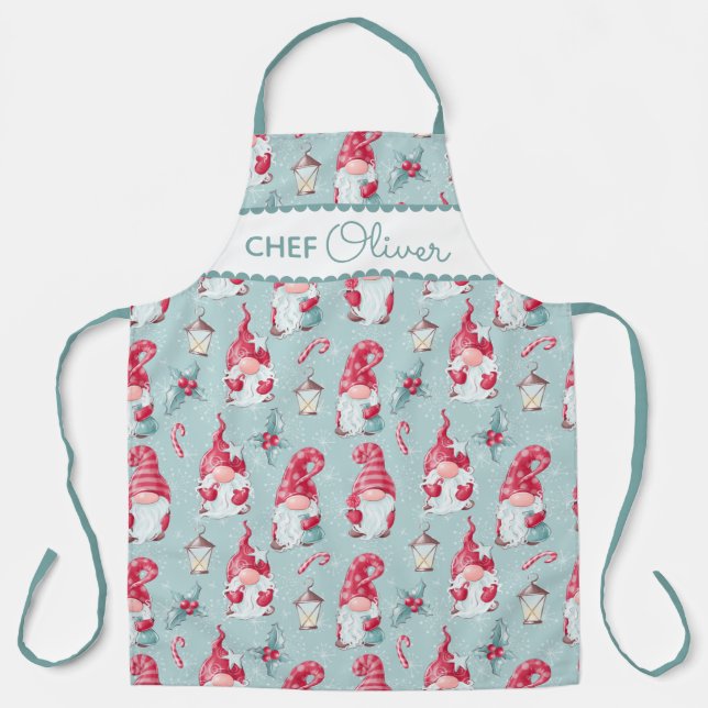 Delantal Navidades Cuadros Gnome Baking Chef Nombre persona (Anverso)