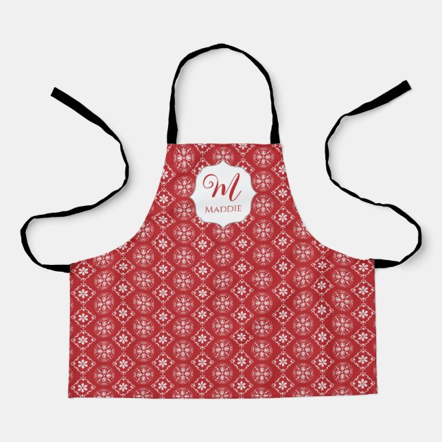 Delantal Navidades Cute Rojo Monogramado Simple Snowflake (Anverso)