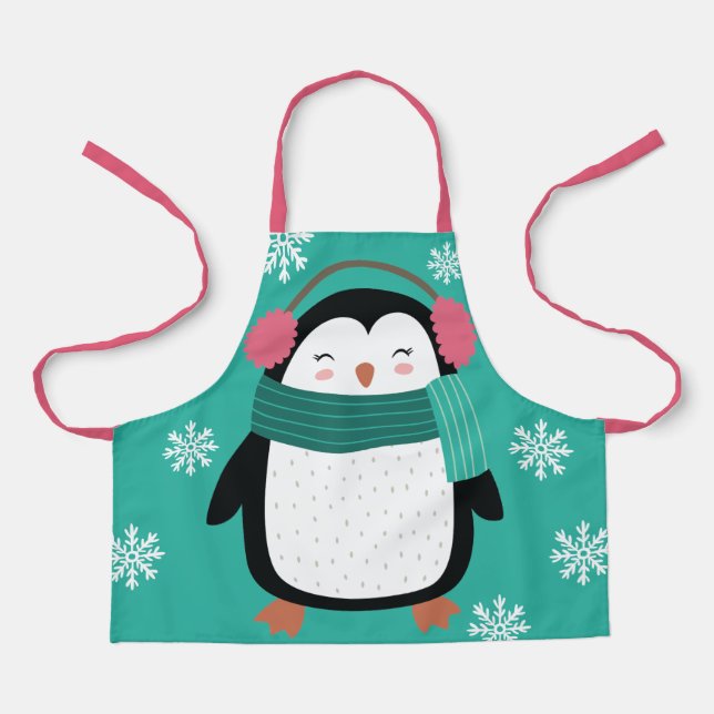 Delantal Navidades de copas de nieve de pingüino Personaliz (Anverso)