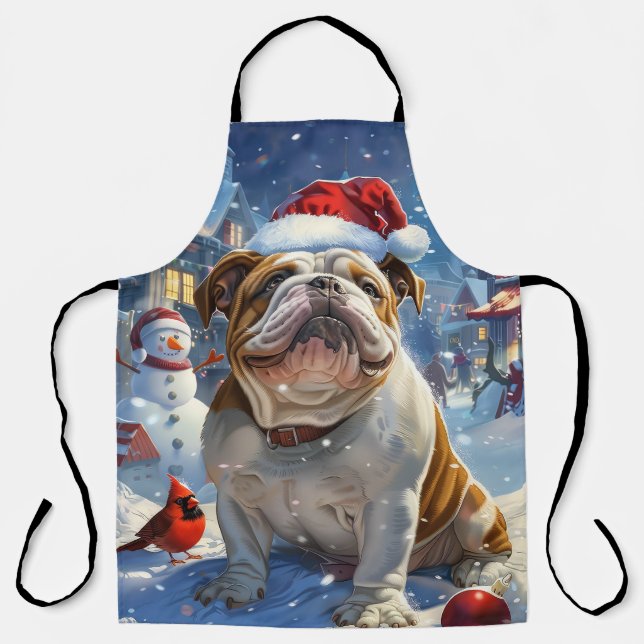 Delantal Navidades de invierno Bulldog inglés disfrutan (Anverso)