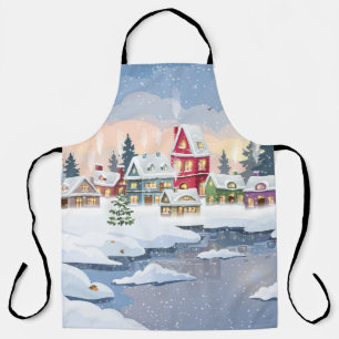 Delantal Navidades de invierno con casa cubierta de nieve