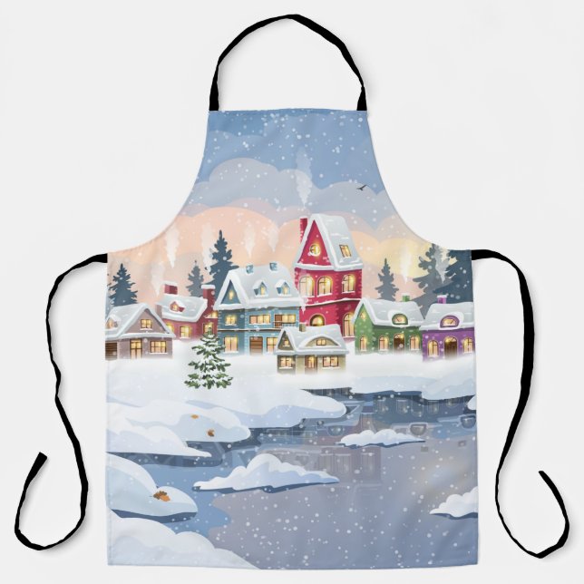 Delantal Navidades de invierno con casa cubierta de nieve (Anverso)