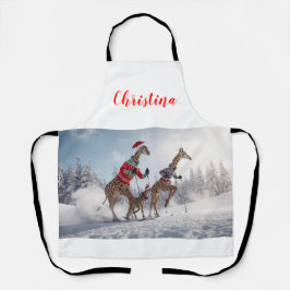 Delantal Navidades de la familia Giraffe en esquí divertido
