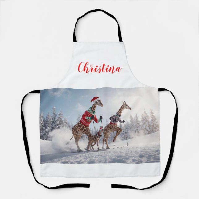 Delantal Navidades de la familia Giraffe en esquí divertido (Anverso)