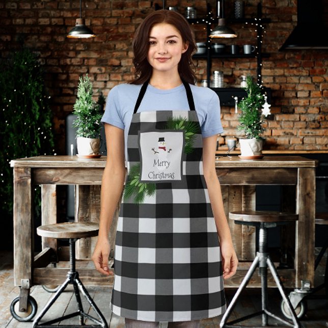 Delantal Navidades de Snowman Buffalo Plaid | Apron negro (Snowman Buffalo Plaid Christmas Apron)
