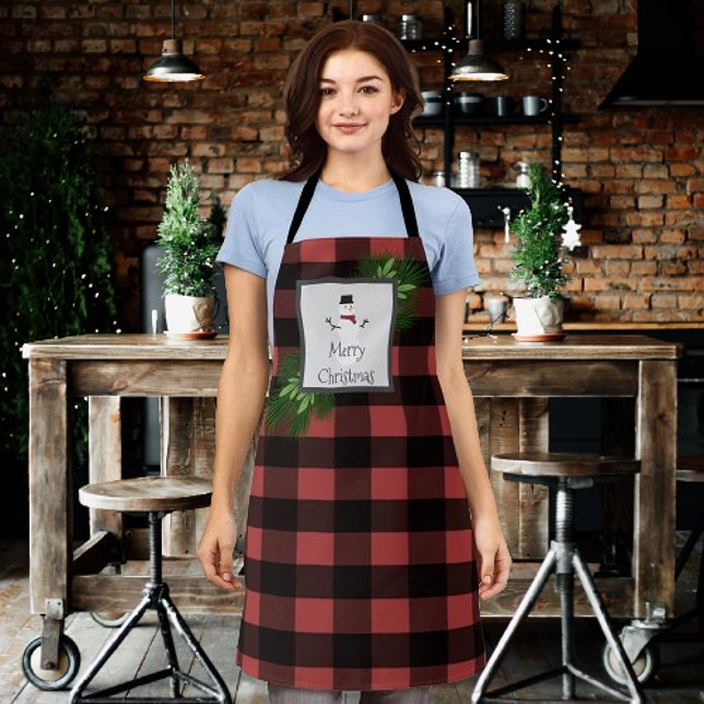Delantal Navidades de Snowman Buffalo Plaid | Apron rojo ne (Red Snowman Buffalo Plaid Christmas Apron)
