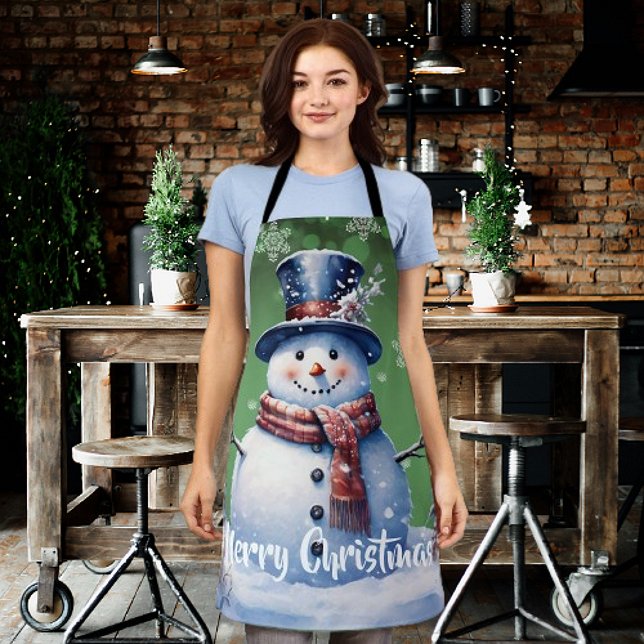 Delantal Navidades de Winter Forest Snowman | Green (Green Winter Forest Snowman Christmas Apron)