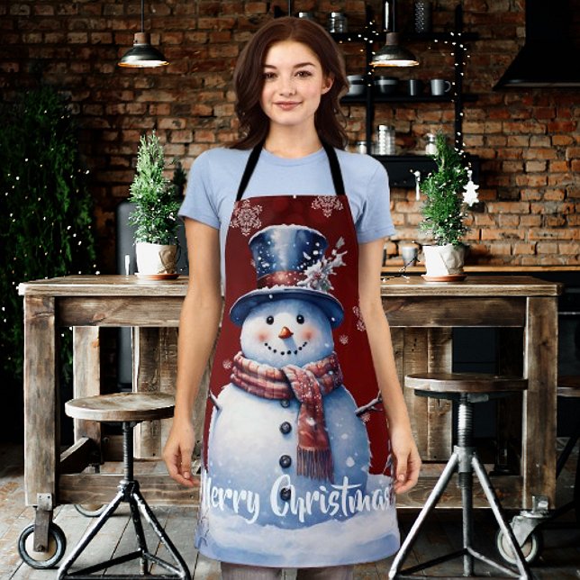 Delantal Navidades de Winter Forest Snowman | Roja (Red Winter Forest Snowman Christmas Apron)