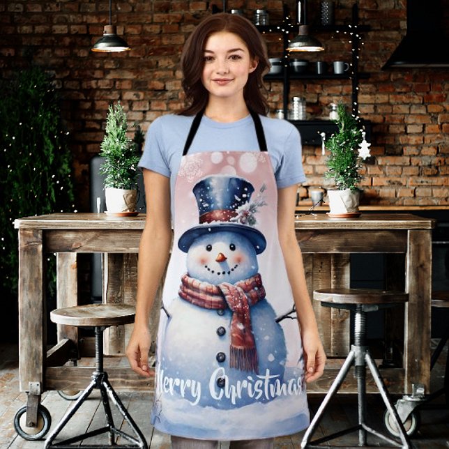 Delantal Navidades de Winter Forest Snowman | Rosa (Pink Winter Forest Snowman Christmas Apron)