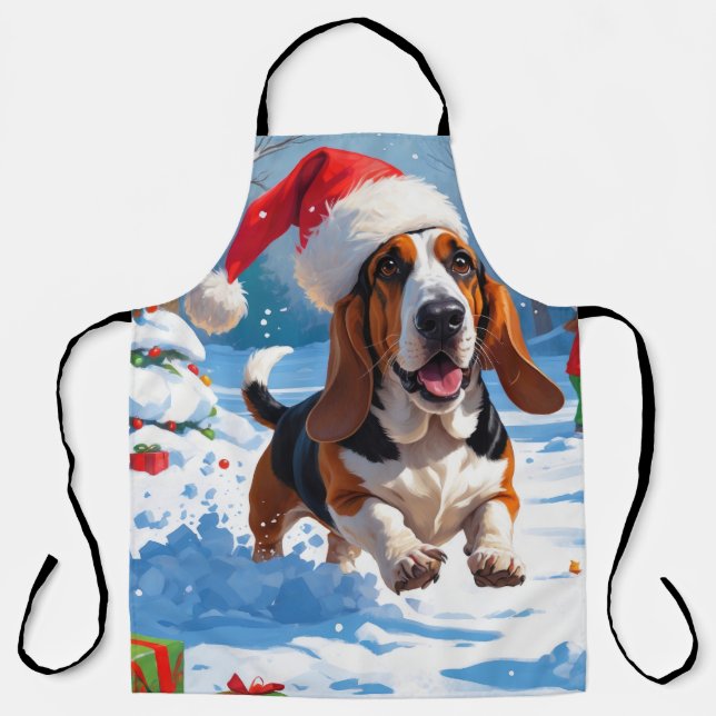 Delantal Navidades del Hound Basset Festive Escena de Nieve (Anverso)