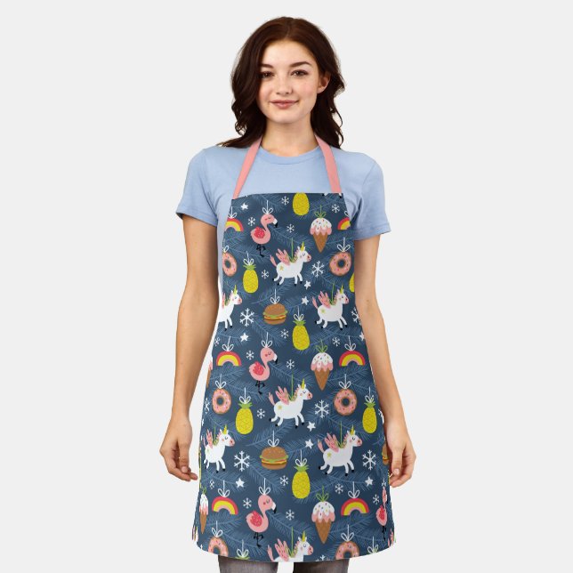 Delantal Navidades divertidos Unicornio y el patrón de flam (Gastado)