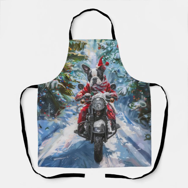 Delantal Navidades en motocicleta de Boston Terrier Dog Rid (Anverso)