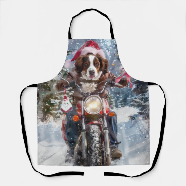 Delantal Navidades en motocicleta de Brittany Spaniel (Anverso)