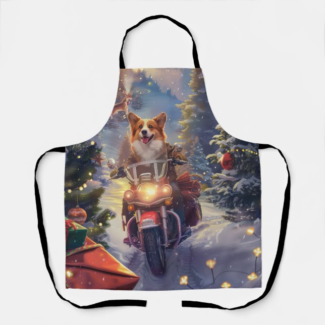 Delantal Navidades en motocicleta de Corgi Dog Riding (Anverso)