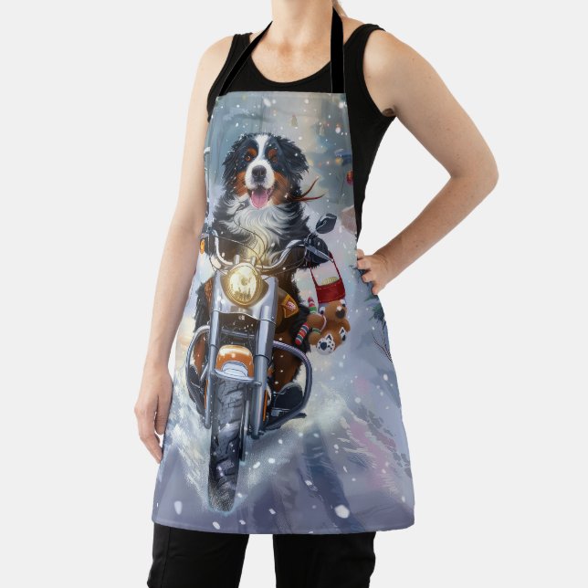 Delantal Navidades en motocicleta de Montaña Perro de Berna (in situ)