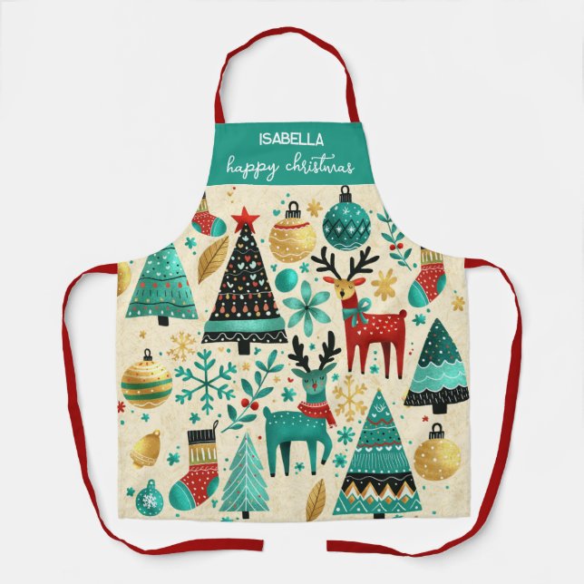 Delantal Navidades felices - Árboles festivos y renos (Anverso)