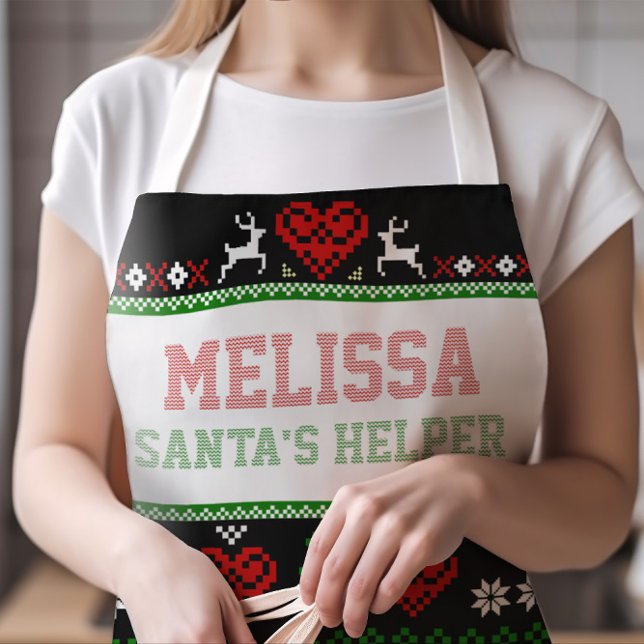 Delantal Navidades feos de Santa Elena sudan adorno pequeño (Cute Ugly Sweater Christmas Santa's Helper Apron with Any Name (Try Your Name Now!) | SIZE SMALL)