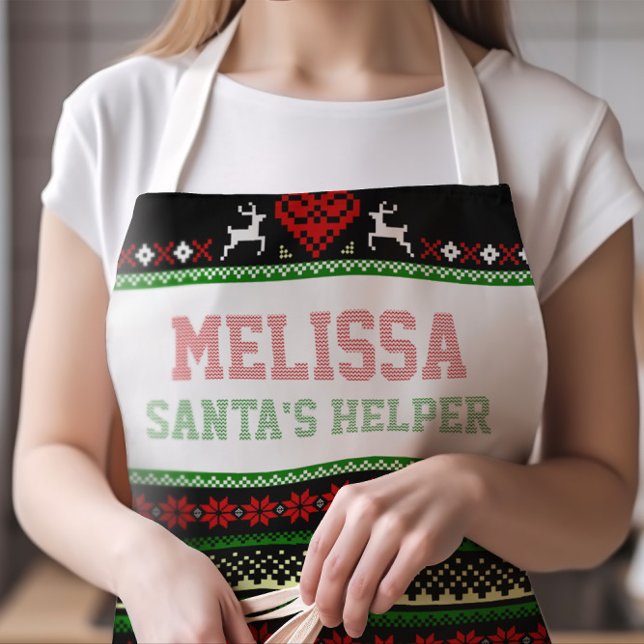 Delantal Navidades feos de Santa Elena sudan mucho (Cute Santa's Helper Ugly Sweater Apron with Any Name in Faux Stitched Typography | SIZE LARGE)