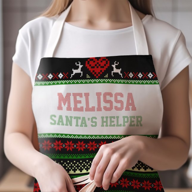 Delantal Navidades feos de Santa María sudan MEDIO (Cute Santa's Helper Ugly Sweater Apron with Any Name in Faux Stitched Typography | SIZE MEDIUM)