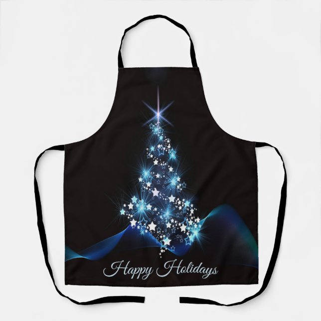 Delantal Navidades Fiesta Árbol azul brillante negro elegan (Anverso)