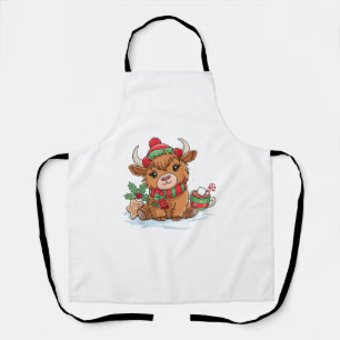 Delantal Navidades Highland Cow Cute Heifer Cow Santa Hat M