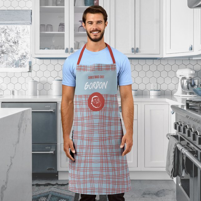 Delantal Navidades modernos de Santa Claus azules y rojos (Christmas Chef 🎅🏻 Santa Head Modern Minimalist Apron ©Susanne Sachers - Sunny Mind Design 🌞 )
