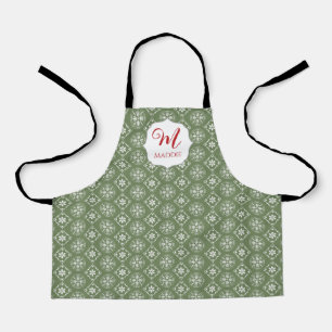 Delantal Navidades Monogramado Cute Simple Snowflake Green