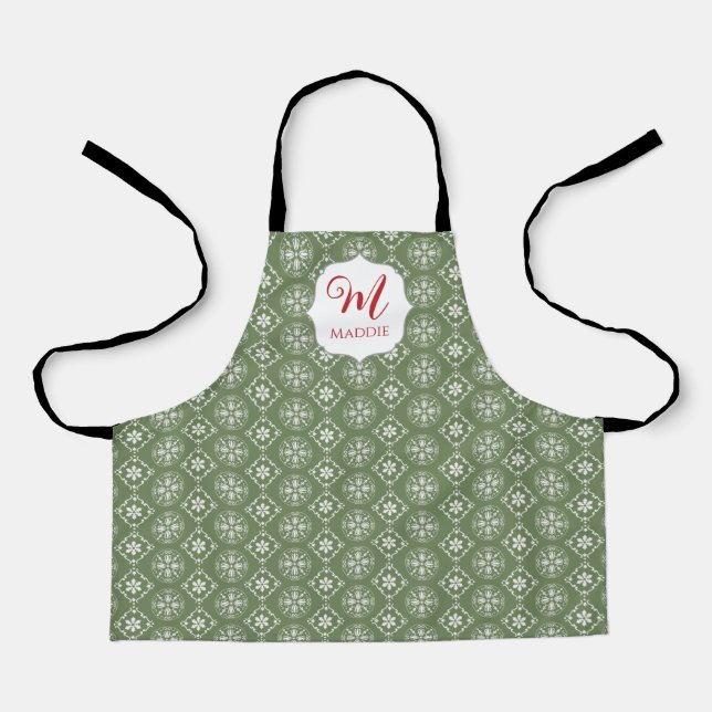 Delantal Navidades Monogramado Cute Simple Snowflake Green (Anverso)