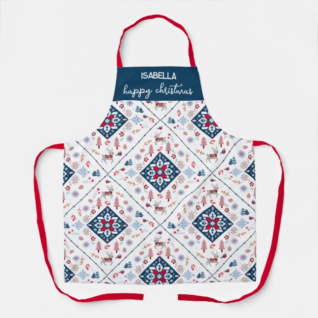 Delantal Navidades nórdicos con renos y copos de nieve (Anverso)